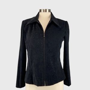 Vintage John Roberts Womens Petite Black Faux Suede Zip Jacket Beaded size 6P